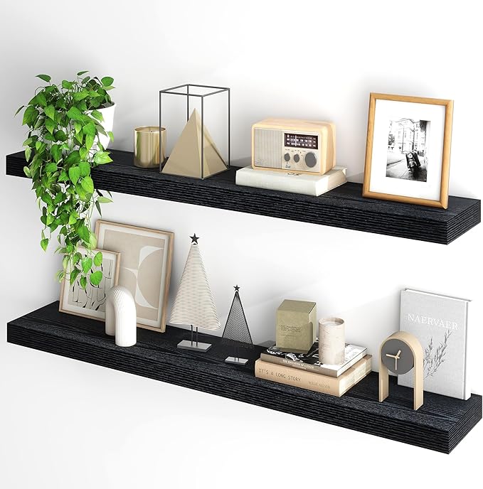 Fun Memories Floating Shelves for Wall, 48Inch Floating Shelves Set of 2, Hanging Shelf with Invisible Brackets, Wood Shelves for Living Room, Bedroom, Kitchen, Black