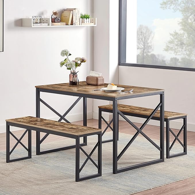 VECELO Kitchen Dining Table Benches Set for 4, 43.3" Wooden Dinette with 2 Benches, Heavy-Duty Dining Room Table for Small Space, Breakfast Nook, BrownRustic Brown