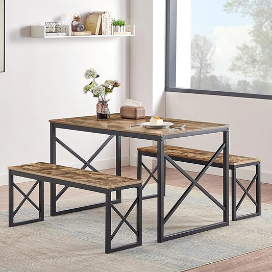 VECELO Kitchen Dining Table Benches Set for 4, 43.3" Wooden Dinette with 2 Benches, Heavy-Duty Dining Room Table for Small Space, Breakfast Nook, BrownRustic Brown
