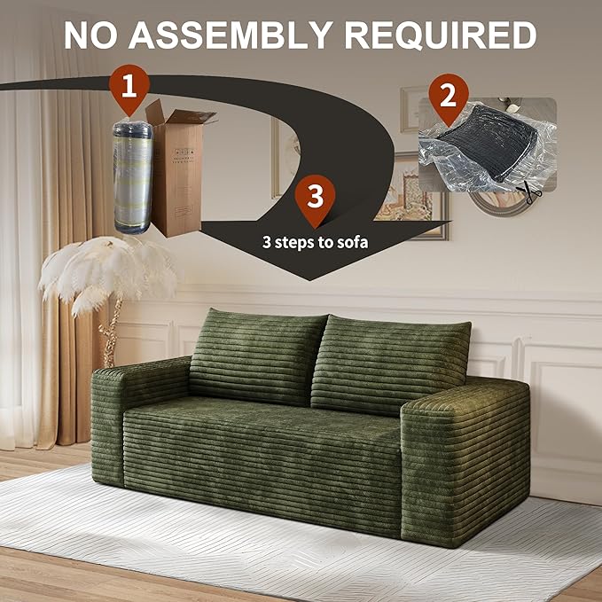 63" Corduroy Loveseat Sofa, 2-Seater Cloud Couch, Boneless Couch in a Box, Comfy Deep Seat Sofa with Memory Foam, Pillows and Wide Armrests, Modern Small Couches for Small Spaces, No Assembly (Green)