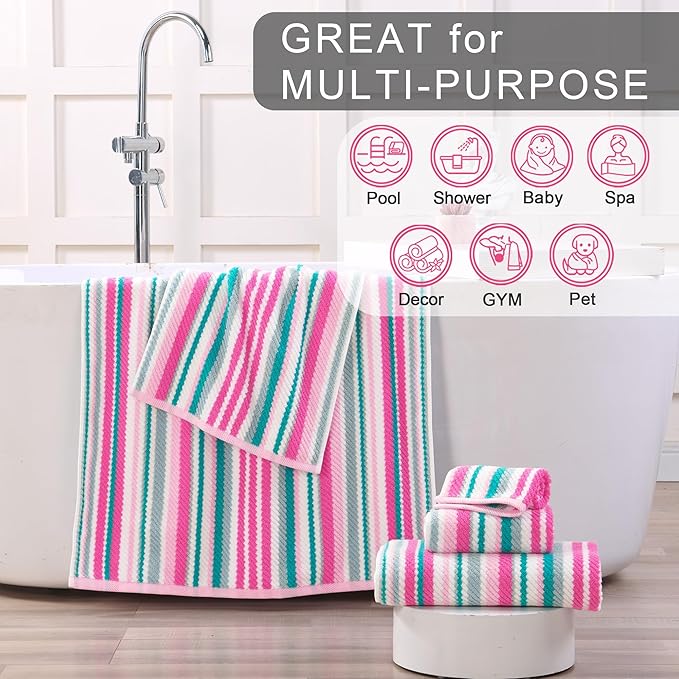 Pink Soft Towel Set (6PC, 100% Cotton), 2 Bath 28"x52", 2 Hand 16"x27", 2 Wash Cloth 13"x13, Quick Dry Towels with Hanging Loop, Striped Absorbent Towels Set for Bathroom & Guest, Pink and Aqua Stripe