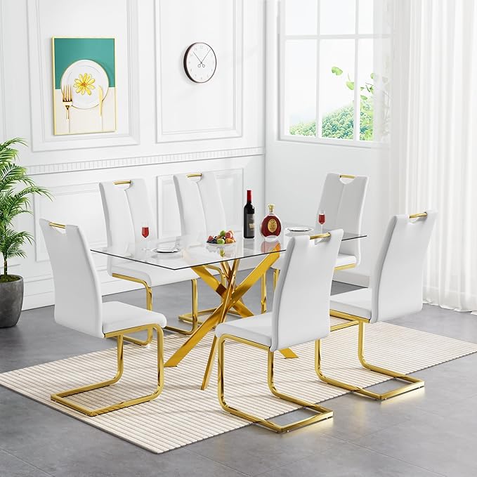 Modern Glass Dining Table Set for 6, Gold Glass Kitchen Table and Chairs Set of 6, 7 Piece Dining Room Table Set with 61" Rectangular Metal Glass Dinner Table and 6 White Leather Dining Chairs