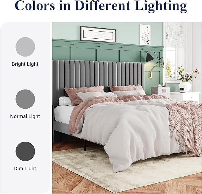 Allewie Full Bed Frame, Velvet Upholstered Platform Bed with Adjustable Vertical Channel Tufted Headboard, Mattress Foundation with Strong Wooden Slats, Box Spring Optional, Easy Assembly, Grey