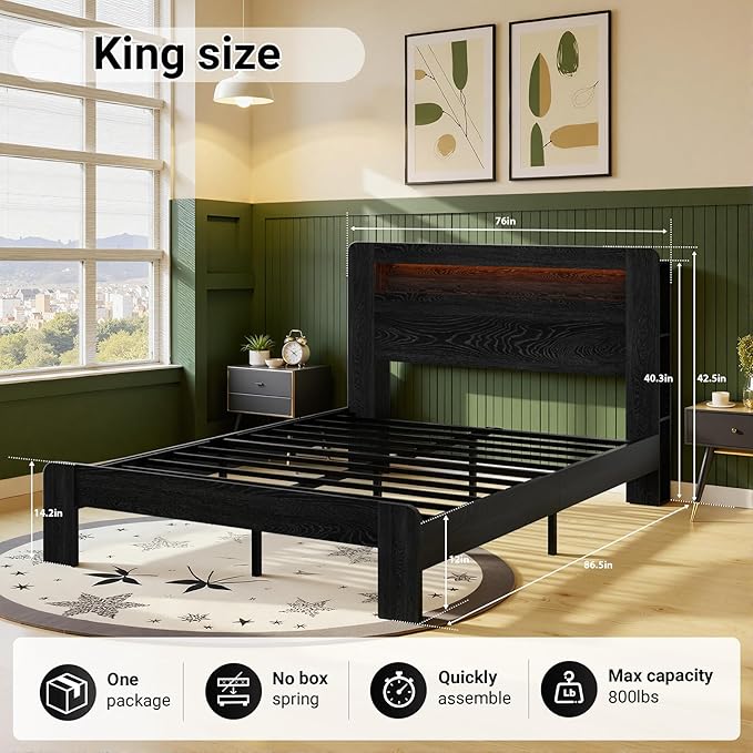 King Bed Frame with Headboard, Wooden Platform Bed Frame King Size with Bookcase Shelf, LED Lights, Charging Station, Heavy Duty Supports, No Box Spring Needed,Dark Black