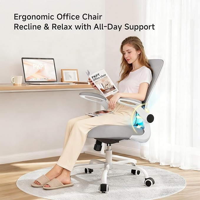 Office Chair with Adjustable Lumbar Support, 330 LBS Home Office Desk Chair with Flip-up Armrests, Mesh Computer Chair for Long Day Use, White and Gray