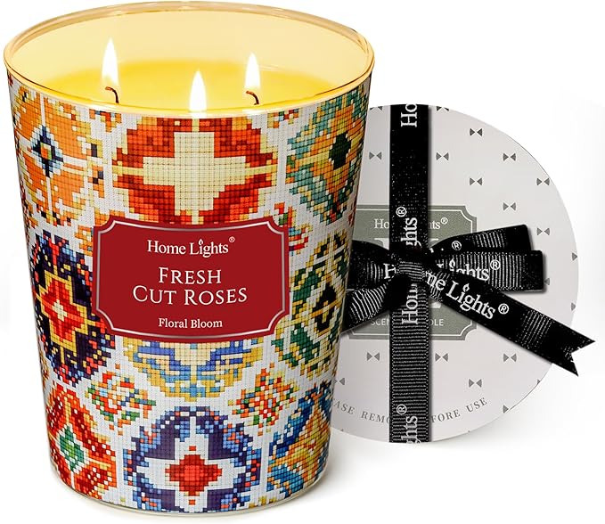 HomeLights 3-Wick Candles for Home Scented - 34oz Soy Wax Blend Candle Long-Lasting Fragrance, Bohemian Natural Textures Home Decor and Housewarming Gifts, Fresh Cut Roses