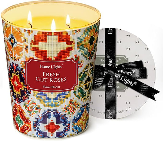 HomeLights 3-Wick Candles for Home Scented - 34oz Soy Wax Blend Candle Long-Lasting Fragrance, Bohemian Natural Textures Home Decor and Housewarming Gifts, Fresh Cut Roses