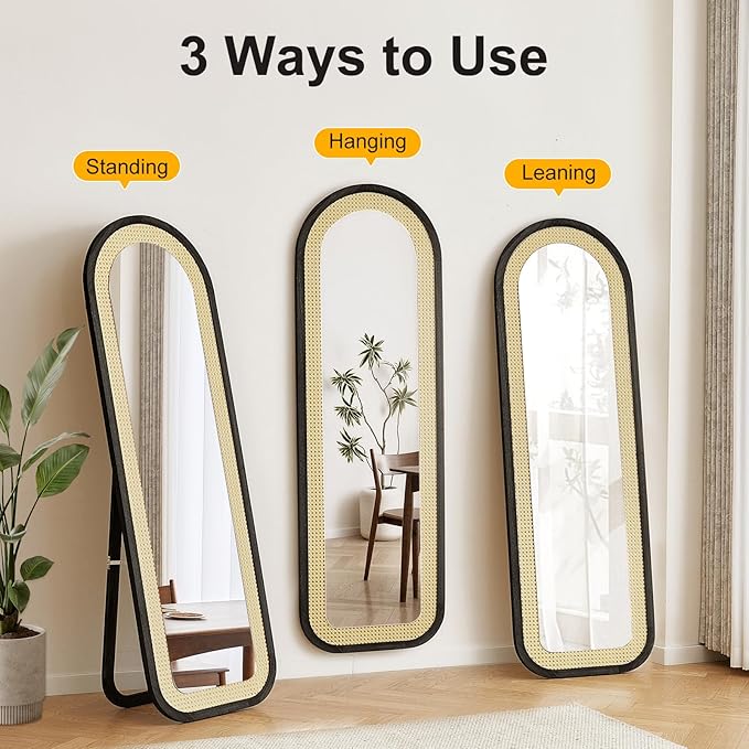 Arched Full Length Mirror with Solid Wood Frame & Rattan Panel, 64"x21" Rustic Wall Mounted Floor Mirror - Free Standing, Leaning Against Wall, Wall-Mounted for Bedroom Living Room (Black)