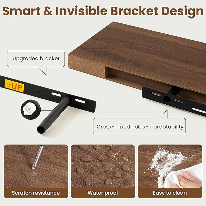 20 Inch Floating Shelves for Wall, 8 Inch Deep Floating Shelf for Storage & Display, Rustic Wall Mounted Shelf with Invisible Brackets for Living Room, Kitchen, Bathroom, Home Decor, Set of 2, Walnut