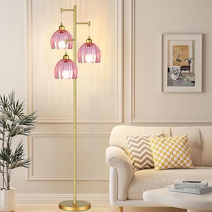 Vintage Floor Lamps for Living Room Bedroom-3 Light Glass Floor Lamp with Three Led Bulb, Tall Flower Floor Lamp Gold Mid Century Modern Standing Lamp Tree Floor Lamps for Living Room Bedroom Corner