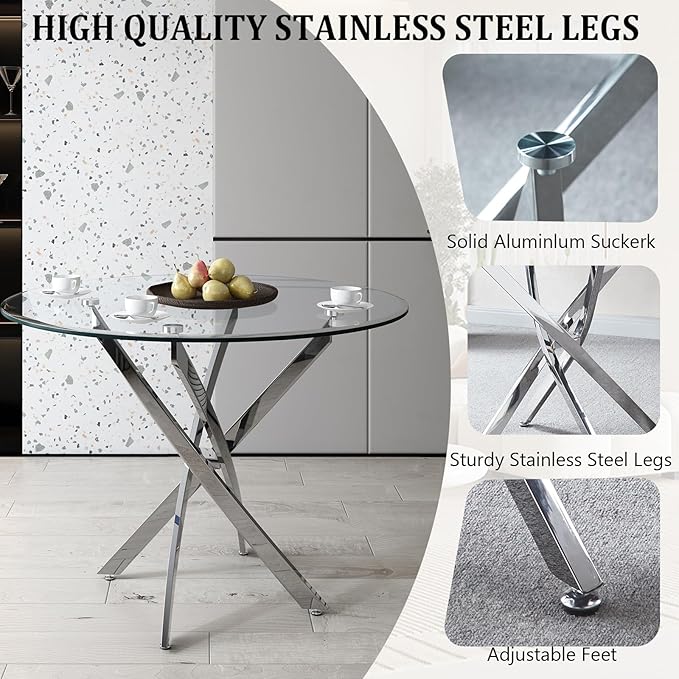 36" Round Dining Table for 4, Glass Kitchen & Dining Room Tables, Modern Circle Dining Room Table w/0.39" Tempered Glass Tabletop,Silver Finish Stainless Steel Legs for Dinner Small Space(No Chairs)