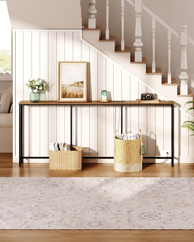 78.7'' Narrow Console Table with Power Outlet 7.1" Skinny Sofa Table, Long Behind Couch Table with Charging Station, Entryway Table for Hallway, Living Room Rustic Brown and Black TXG20UBF