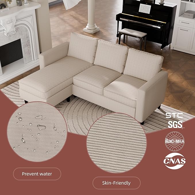 Nuturelly Convertible Sectional Sofa Couch with Movable Ottoman, 3-Seater Modern L-Shaped Sofa for Small Spaces, Soft Fabric Couch for Living Room, Small Apartment & Office(Khaki)