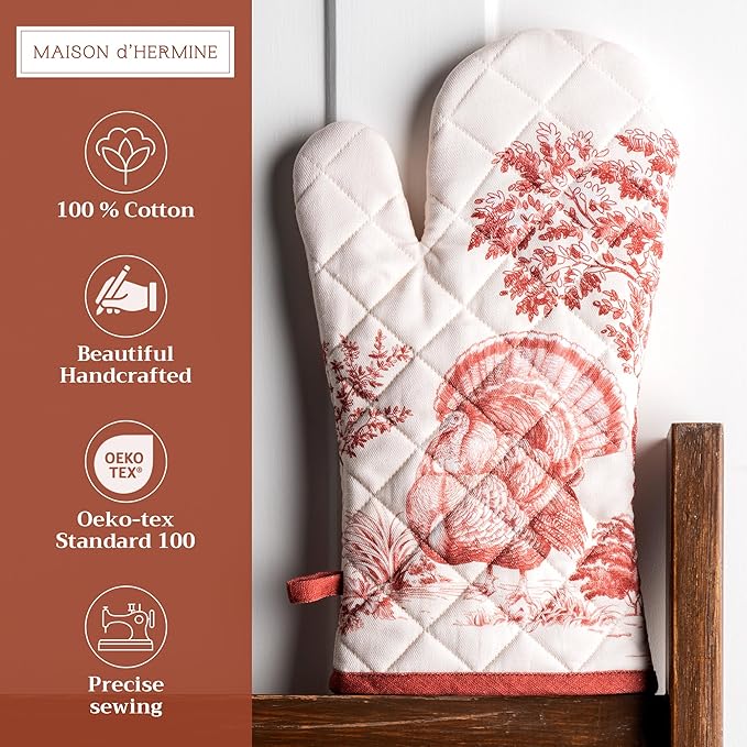 Maison d' Hermine Oven Gloves 100% Cotton Oven Mitt 7" x 13" with Loop Heat Resistant BBQ Cooking Gloves for Thanksgiving Christmas Decorations Baking Handling Hot Pans (Pack of 1, Holy Jouy - Red)