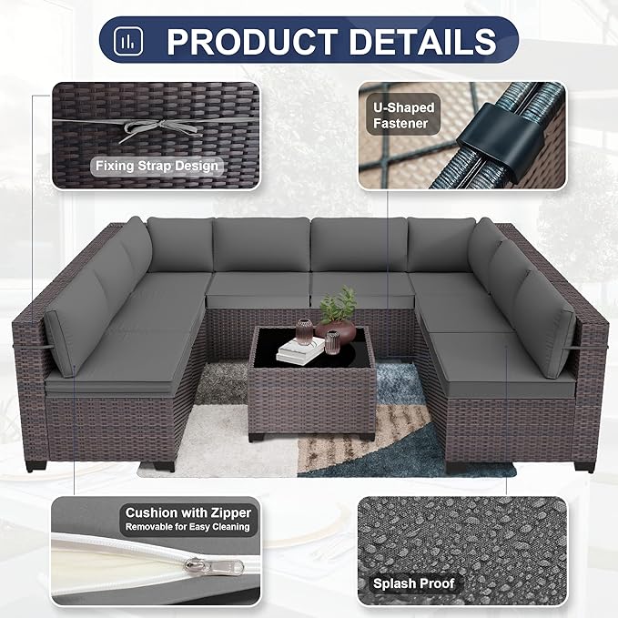 Kurapika 9 Pieces Patio Furniture Set, Rattan Wicker Outdoor Conversation Sets w/4 Inch Cushion and Glass Coffee Table(Grey)