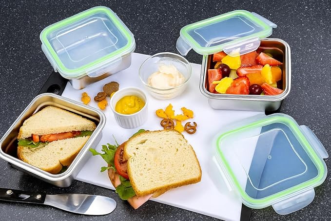 Set of 3 Stainless Steel Sandwich Containers - Food Grade Metal Base with a BPA Free Leakproof & Airtight Silicone Seal Lid. Great for Sandwiches, Snacks, Meal Prep & Food Storage