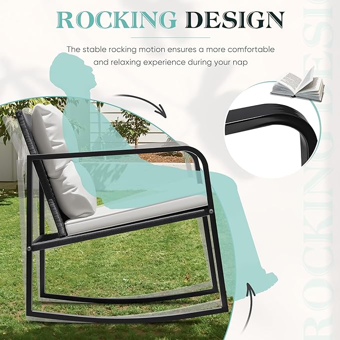 Greesum 3 Pieces Rocking Wicker Bistro Set, Patio Outdoor Furniture Conversation Sets with Porch Chairs and Glass Coffee Table, Beige