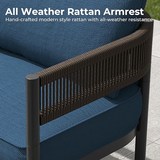 Gand Patio Outdoor Loveseat, Wicker Conversation Set with Thick Cushion for Porch, Garden, Yard, Peacock Blue