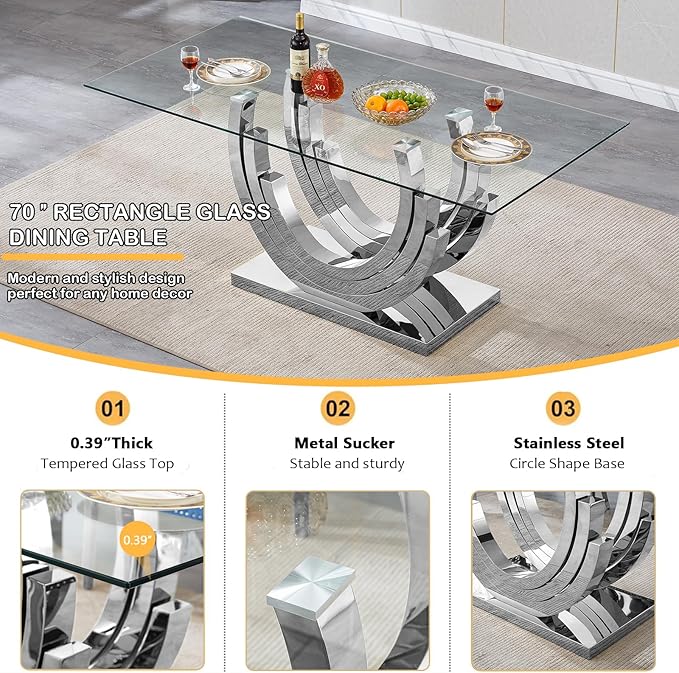 7 Piece Dining Table Set with 6 Beige Dining Chairs, Modern Glass Kitchen Table and Chairs Set for 6, 70" Rectangle Silver Glass Pedestal Dining Room Tables with Ring-Shape Stainless Steel Base