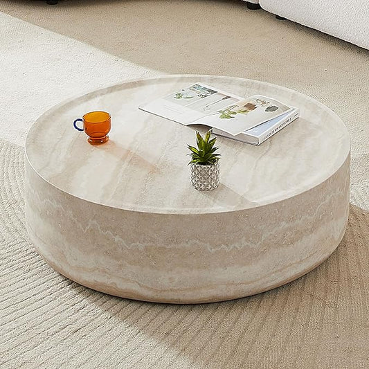 Round Coffee Table 35.43'' Marble Pattern Drum Shaped Coffee Table Fiberglass Cocktail Table Center Table for Living Room ome Office, Fully Assembled, White