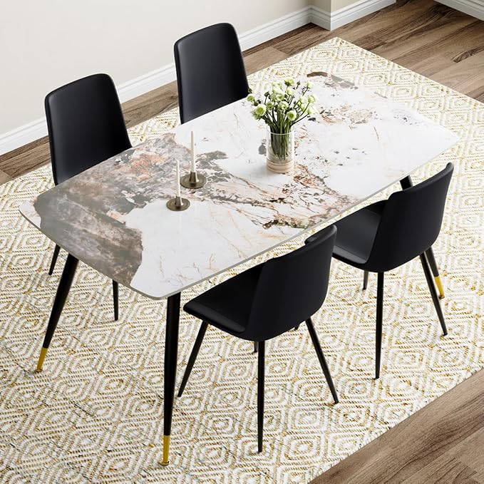 Modern Dining Table Set for 4, 62'' Sintered Stone Table, 4 Chairs, Easy to Assemble