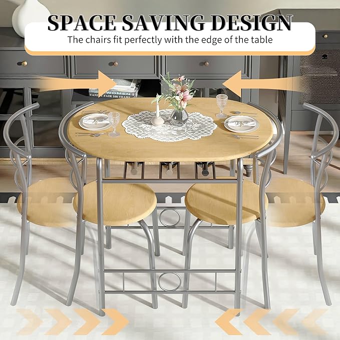 VECELO 3-Piece Dining Table Set for Kitchen Breakfast Nook, Wood Grain Oval Tabletop and Metal Frame with Built-in Wine Rack, for Small Spaces, Natural & Silver
