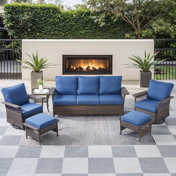 6 Pieces Wicker Patio Furniture Set - Hollow Widen Armrests Outdoor Swivel Glider Chairs and 3 Seat Sofa with Coffee Table & Ottomans for Balcony Porch Deck and Yard - Brown/Blue