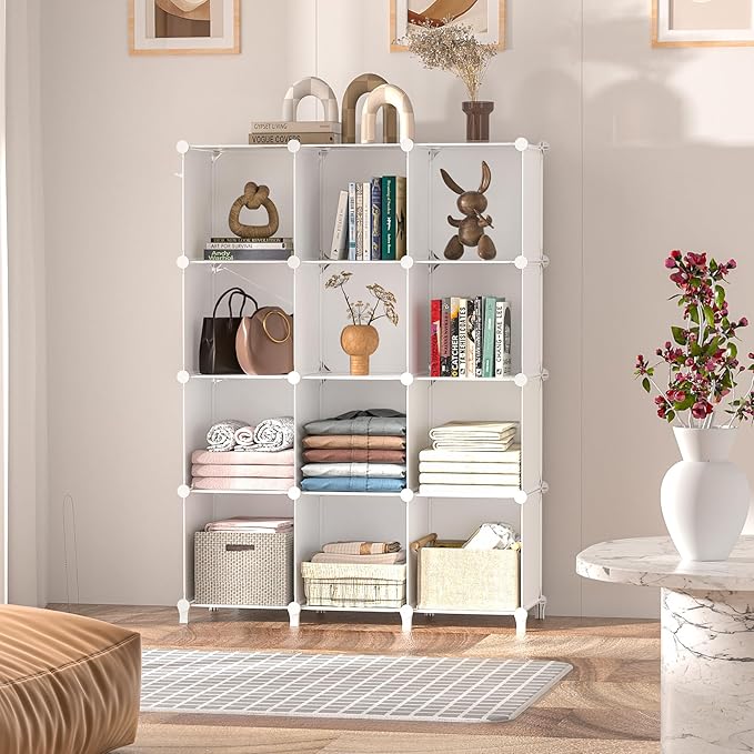Neprock Closet Organizer, 12 Cubby Storage Organizer,Book Shelf,Clothes Storage,Yarn Storage for Bedroom Organization(White)