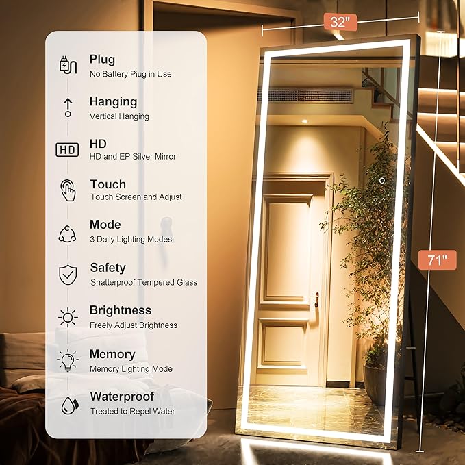 Full Length Mirror with Lights, 71" x 32" LED Lighted Floor Standing Mirror, Tempered Glass, Square Black