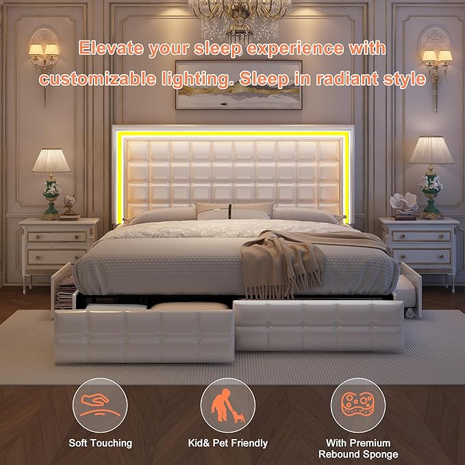 Full Led Bed Frame with 4 Storage Drawers, Bed with Led Lights No Box Spring Needed, Supports 900 lbs, Easy Assembly, Quiet and Sturdy Design, PU White