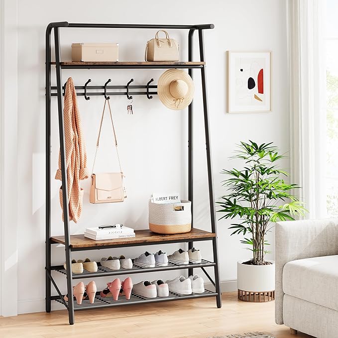 MDF Hall Tree with Bench, 4-in-1 Entryway Coat Rack with Storage Shelf & Shoe Organizer, Sturdy Freestanding Furniture for Living Room, Bedroom, Mudroom