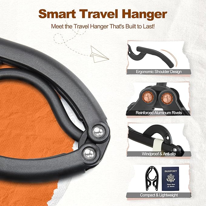 HOUSE DAY Foldable Travel Hangers 20 Pack w/10 Clips, Cruise Essentials 2025, Portable Hangers Collapsible Hanger Plastic, Travel Must Haves for Suitcase, Hotel, RV, Road Trip, Flying, Camping-Black