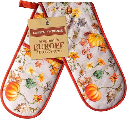 Maison d' Hermine Double Oven Mitt (7" x 35") 100% Cotton Heat Resistant BBQ Cooking Gloves with Loop for Thanksgiving Christmas Decorations Baking Cooking Barbeque Handling Hot Pan (Potiron)