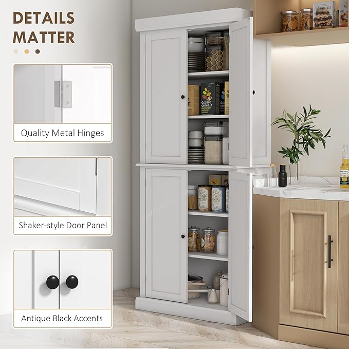 HOMCOM 72.5" Freestanding Kitchen Pantry Cabinet, Tall Storage Cabinet with 4 Doors and 2 Adjustable Shelves for Dining Room, White