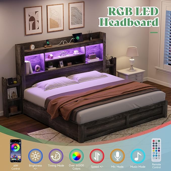 AMERLIFE King Size Bed Frame with 4 Storage Drawers, LED Bed Frame with 49“ Tall Bookcase Headboard, Wood Platform Bed with Charging Station & 2 Slide Bedside Shelf, No Box Spring Needed/Rustic Grey