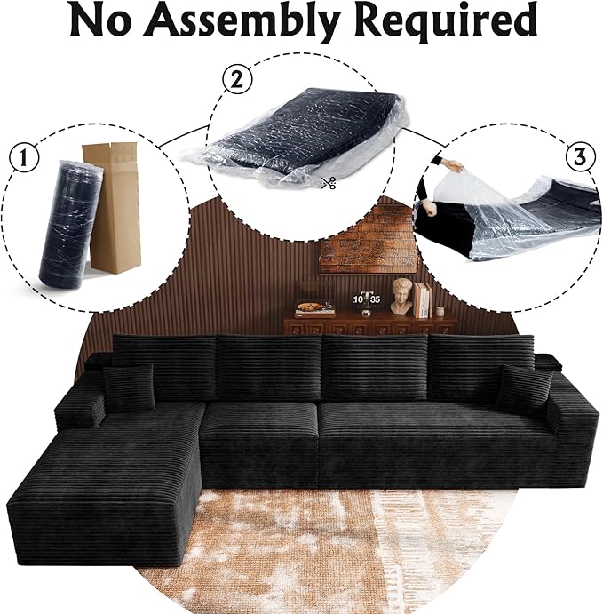 3-Piece Boneless Modular Sectional Sofa, Cloud Couch with Left Facing Chaise, Oversized Deep Seat, Soft Corduroy Fabric, Sectional Couch for Living Room-Black