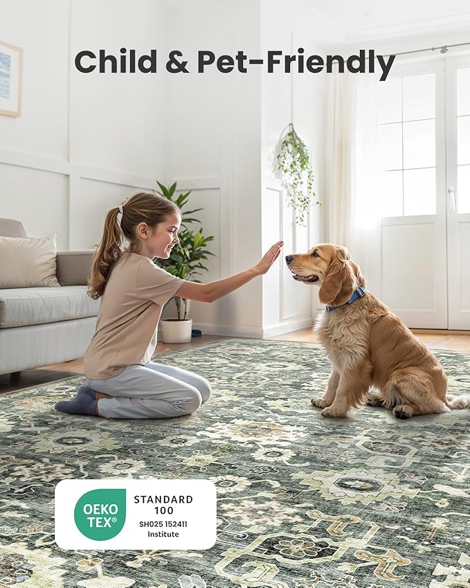 AMADA HOMEFURNISHING 8x10 Washable Area Rug, Low-Profile Large Area Rug with Non-Slip Backing & Durable Edge Binding, Vintage Large Rugs for Living Room, Bedroom, Dinning Room