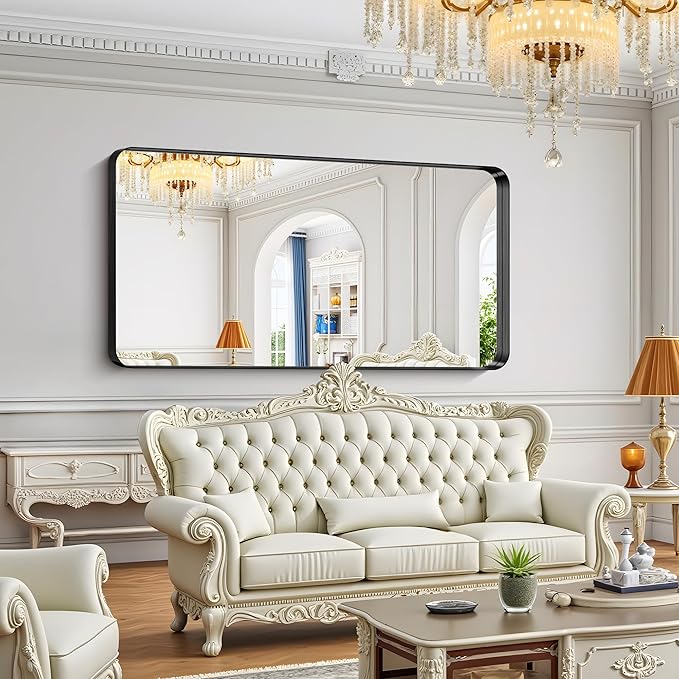 FORBATH 72x36 Inch Oversized Bathroom Mirror for Double Sinks, Brushed Black Deep Frame Full Length Wall Mirror with Rounded Corners, Anti-Rust Tempered Glass (Horizontal/Vertical)