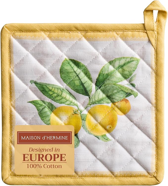 Maison d' Hermine Pot Holders 100% Cotton Heat Resistant Potholders 8" x 8" Hot Pads with Loop BBQ, Cooking, Baking, Grilling, Kitchen, Handling Hot Pans Spring/Summer (Pack of 1, Limoncello)