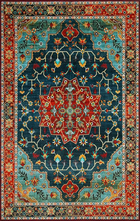 WILLSUN Washable Area Rugs, 5x7 Non-Slip Boho Large Area Rugs for Living Room, Bedroom, Machine Washable Vintage Rug, Indoor Floral Print Carpet for Home Decor, Kid & Pet Friendly Mat
