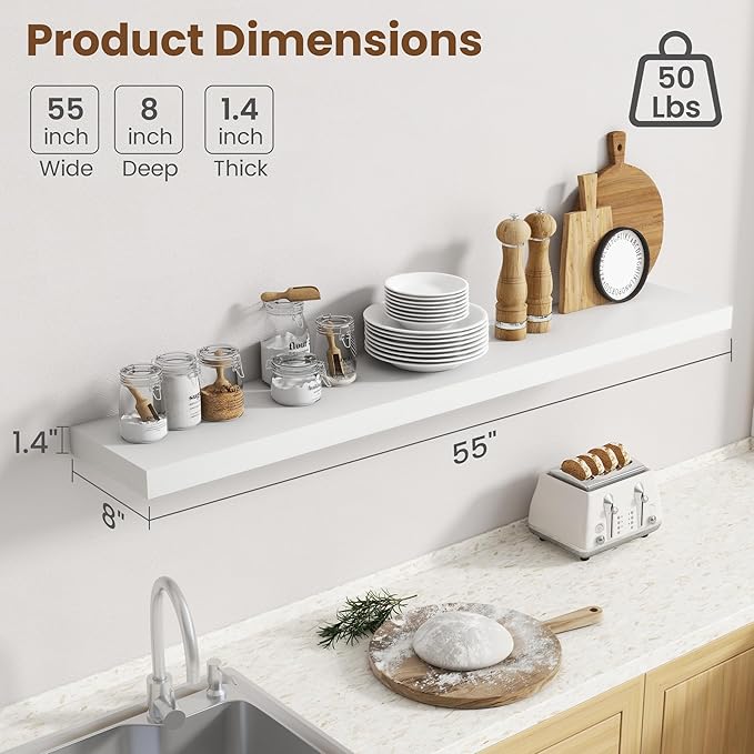 55 Inch Floating Shelves for Wall, 8 Inch Deep Floating Shelf for Storage & Display, Rustic Wall Mounted Shelf with Invisible Brackets for Living Room, Kitchen, Bathroom, Home Decor, Set of 2, White