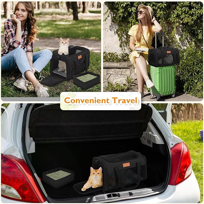PETUX Pet Carrier Airline Approved - 17"x11"x9.5" Cat Travel Carrier with Litter Box for Small Cats up to 12 lb - Top Open Portable TSA Approved Pet Carrier in Cabin for Travel and Vet Visit - Black