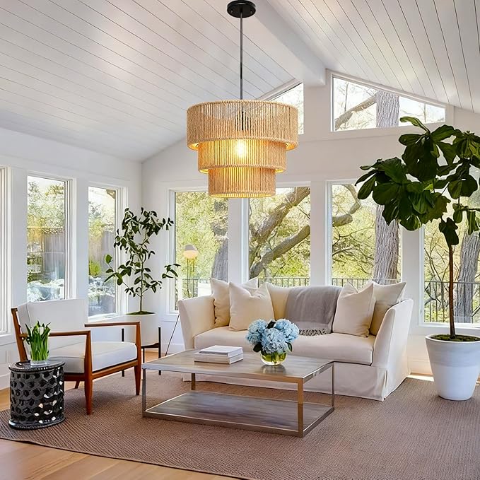 12''Natural rattan chandelier -Small Farmhouse Boho Style with E27 Bulb, 120V pendant light, fandelier, hanging lamp, wicker pendant lamps for Dining Room/Kitchen/Bedroom/Living Room/Island