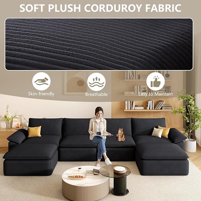 142" Cloud Sectional Couch with U-Shaped Chaise, Corduroy Sectional Sofa with Ottoman, Boneless Couch with Deep Seat in a Box for Living Room, No Assembly Required (Black)