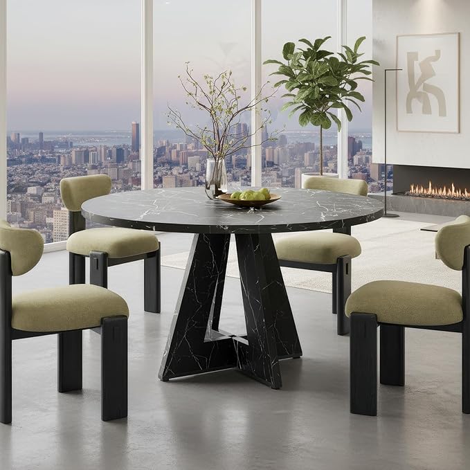 Farini 47" Round Dining Table for 4-6,Modern Kitchen Room Table with Wood Top & Sturdy Metal Base,Large Round Dinner Table for Dining Room,Black