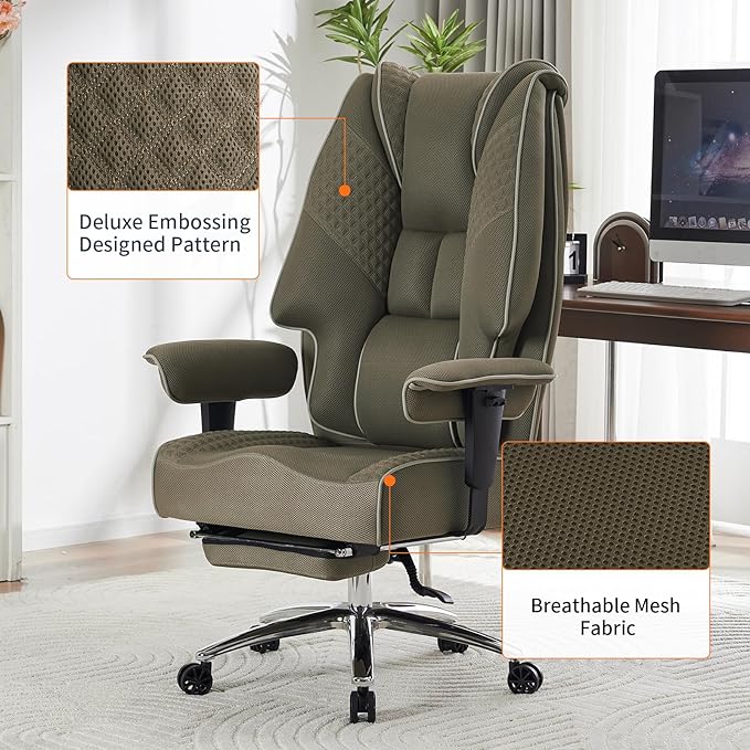 Big and Tall Office Chair 400lbs Wide Seat, Leather High Back Executive Office Chair with Lumbar Support, Ergonomic Chairs Padded Armrests & Thick Cushion (Mesh Green)