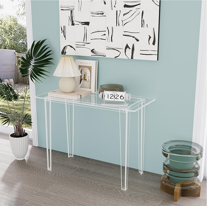 Acrylic Desk - Modern Study Table for Home Office, Extended Surface Multi-Purpose Console & Entryway Table, Sturdy Lightweight Design, Transparent Workstation for Small Spaces（Transparent-L）