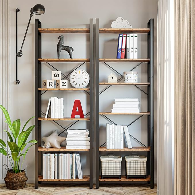 IRONCK Bookshelf 6-Tier Ladder Shelf 110lbs Display Shelf Vintage Industrial Style Bookcase for Home Office, Living Room