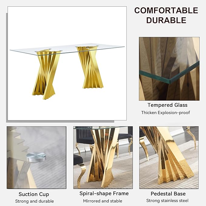 Goujxcy 70" Glass Dining Table Set for 4, Modern Gold Dining Table Set with 4 Black Velvet Upholstered Dining Chairs, 5 Piece Kitchen Dining Room Table Set with Stainless Steel Legs