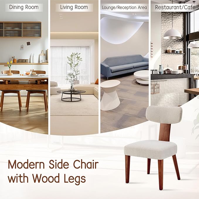 Dining Chairs Set of 4, Mid-Century Modern Upholstered Kitchen Chairs with Curved Backrest and Linen Fabric Seat, Wood Leg Accent Chairs for Dining Room, Living Room, Bedroom, Linen Beige